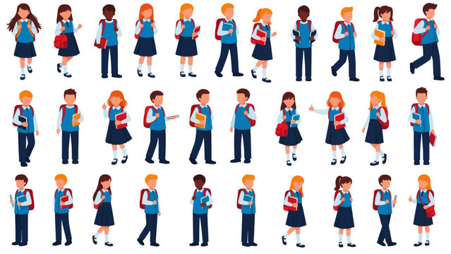 Cute cartoon students with backpacks showing different children poses in colorful vector illustration set for school activities, learning, classroom lifestyle.