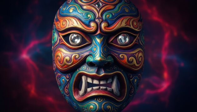 Intricately Carved Wooden Tribal Spirit Mask with Vibrant Colors and Fierce Expression