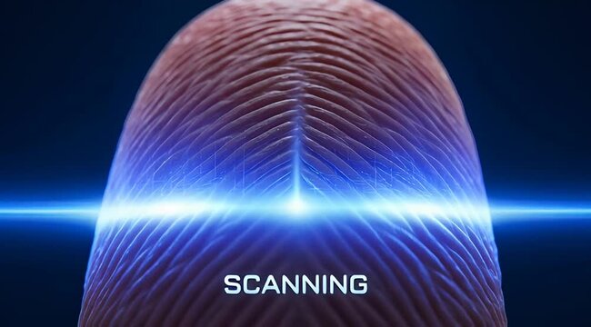 Fingerprint scanning technology with laser scanner across fingerprint with dark blue background
