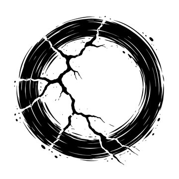 Dynamic black brushstroke circle with sharp white cracks, resembling lightning or a fractured surface, on white. Abstract grunge art, blending Enso with disruption and resilience. Ideal for logos, imp