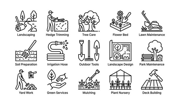 Landscaping icons: gardening, tree care, irrigation, and lawn maintenance illustrations