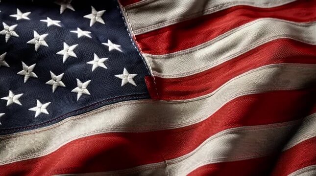 Close up shot of the American flag waving in the wind, showcasing its iconic stars and stripes with rich detail