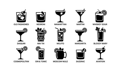 Cocktail icons: old fashioned, martini, negroni, daiquiri, margarita, more