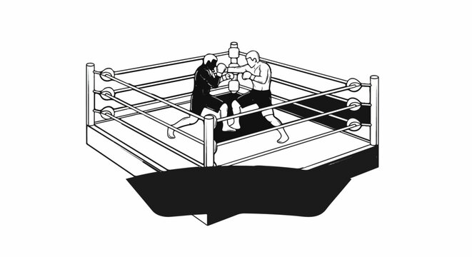 Two boxers clash in a boxing ring, silhouetted against a white background