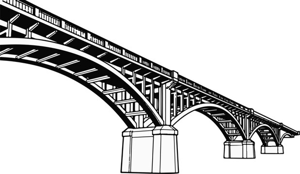 A detailed black and white illustration of a multi-arch bridge against a white background