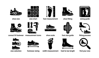 Footwear sizing icons collection with measurement tools and shoe guides