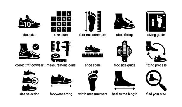 Footwear sizing icons collection with measurement tools and shoe guides