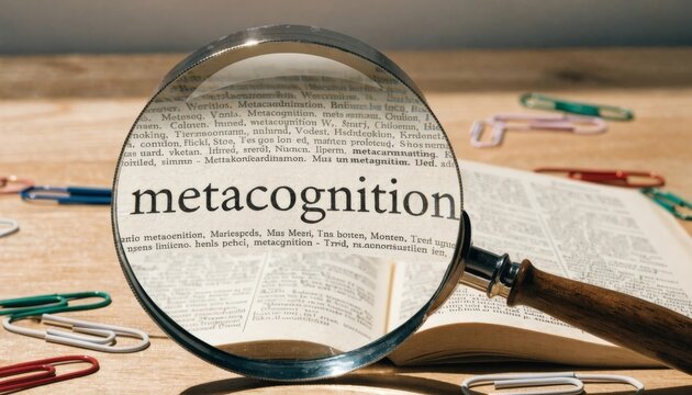 Gigapixel v2 4x Magnifying Glass Over Open Dictionary Page Highlighting 'Metacognition'