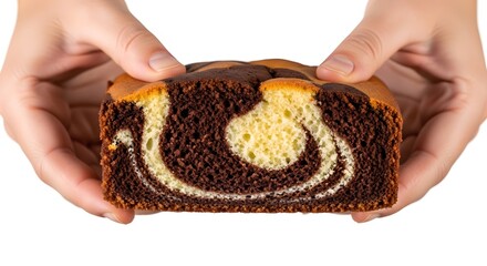 Hands holding a sliced marble cake with chocolate and vanilla swirl pattern