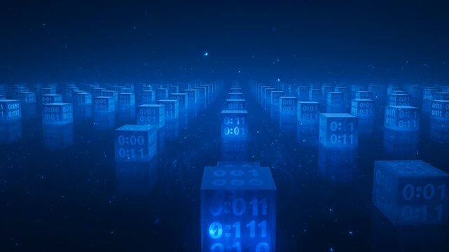 Abstract 3D Digital Background Featuring Glowing Blue Binary Code Cubes And Data Particles Concept For Big Data Cloud Computing Artificial Intelligence And Futuristic Network Technology Infrastructure