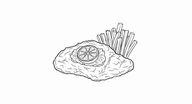 Simple line drawing of battered fish and chips with lemon slice