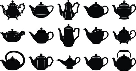 Vintage teapot silhouette collection featuring classic ceramic tea pot shapes, traditional kitchen utensil icons set for cafe branding, restaurant menu design,