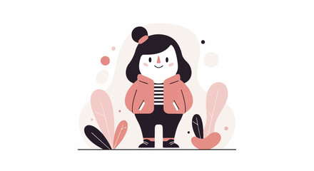 Obraz premium A cute cartoon character in a coral jacket and striped shirt, standing amidst abstract shapes and plant-like elements