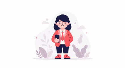 Fototapeta premium A stylized person in professional attire holds a dark rectangular object, surrounded by soft, abstract plant shapes and a minimal background