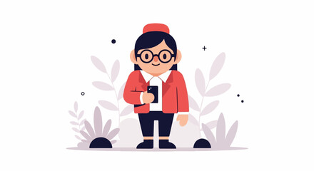 Obraz premium A stylized person in glasses and a red jacket holds a phone, surrounded by abstract plants