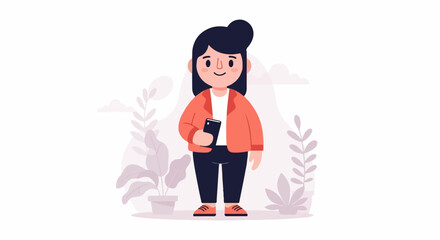 A smiling person in a coral jacket and dark pants holds a black phone, with plants and clouds in the background