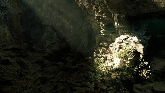 Dappled light across cave floor with illuminated pockets in Waitomo Glowworm Caves, ecotour ambience with textured pathways, hush of limestone vault
