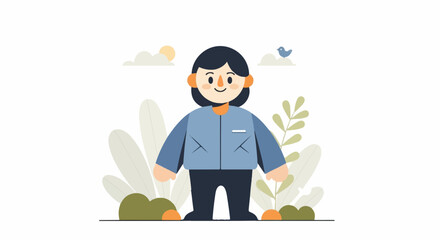 Cheerful person in a blue jacket stands amidst lush foliage and a sunny sky