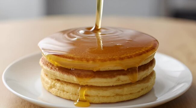 A stack of three pancakes with golden syrup being poured on top