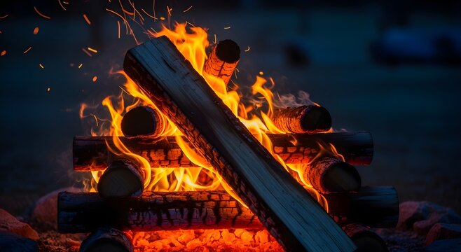 Burning logs in a campfire at night flames wood