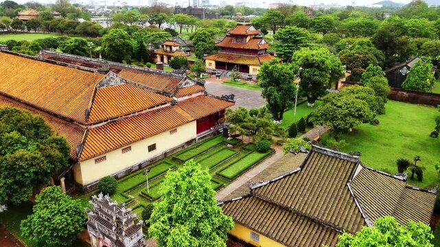Aerial view of the imperial city of hue revealing its traditional architecture, gardens, and courtyards in vietnam