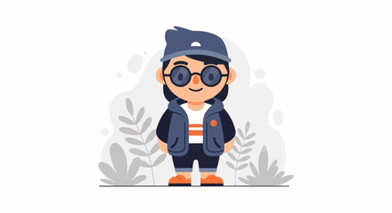 Cartoon character in casual attire with round glasses, a cap, and plant graphics