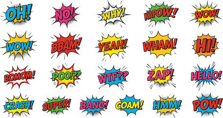 Colorful pop art comic book speech bubbles set with expressive onomatopoeia words and explosive sound effects isolated on white. © Hosneara
