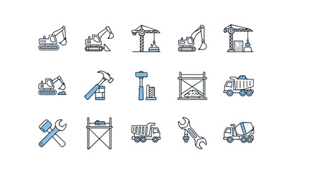 A comprehensive vector collection of line art icons depicting various construction vehicles, tools, and industrial equipment. © Rayi