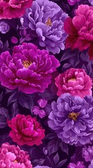 Elegant, chic, vintage seamless repeatable pattern featuring purple and pink, magenta peonies