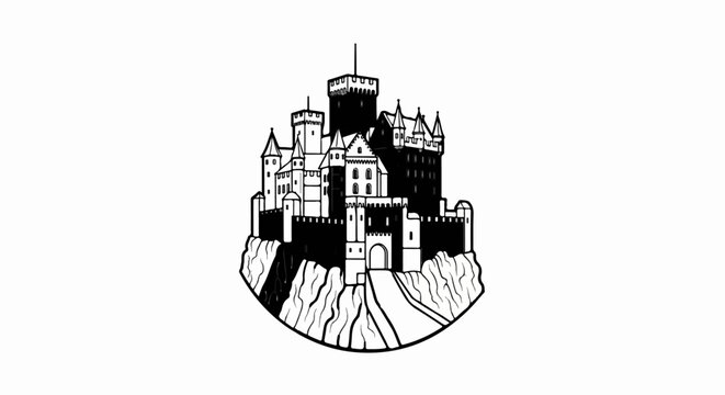 Intricate black and white ink drawing of a majestic castle perched on a rocky cliff