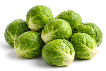 Fototapeta premium Macro Up Close of Fresh Brussels Sprouts with Water Droplets Isolated on White Background, Organic Green Vegetable