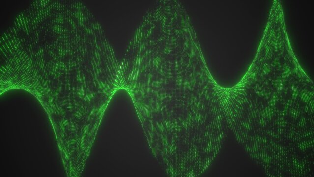 Bright green digital wave made of luminous dots, visualizing dat