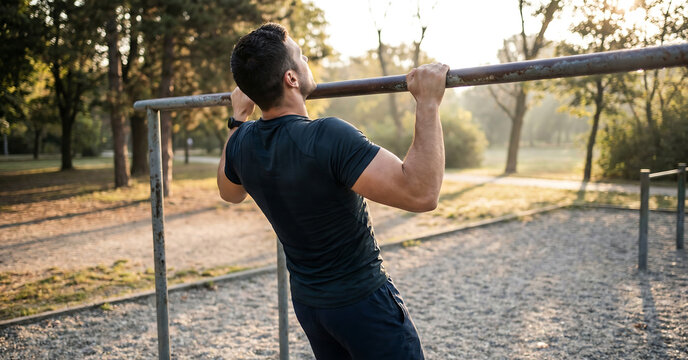 Man exercising outdoors on parallel bars in a park with trees and gravel, viewed from behind