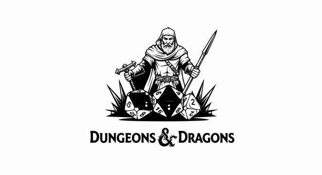 Fantasy warrior with dice, hammer, and spear, plus ampersand