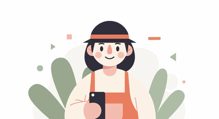 Obraz premium Stylized portrait of a person in a hat and apron holding a smartphone, surrounded by organic shapes and geometric elements