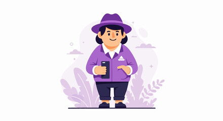 Obraz premium Person in purple hat and jacket holding phone, with plants and clouds