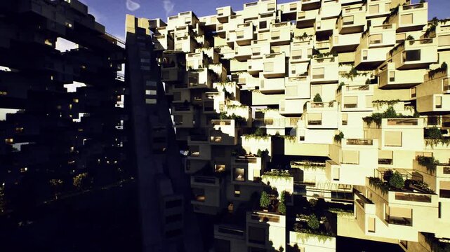 Sunlit concrete housing cluster with stair, facade pattern and deep shadows, morning light highlighting modular balconies and textured surfaces, urban planner