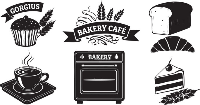 Bakery cafe logo and food icons illustration set design