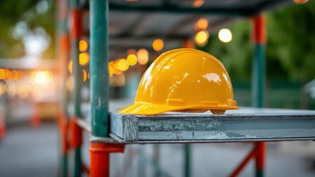 Safety First: A yellow hard hat rests atop scaffolding, symbolizing a commitment to worker safety and construction industry vigilance.