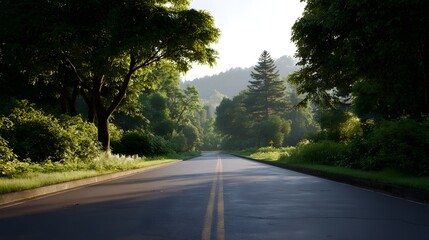 Obraz premium A scenic paved road with yellow lines winds through a lush green forest with hills in the distance bathed in soft natural light