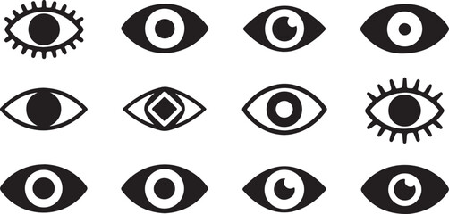 Black and white eye symbols with various on a white background pattern