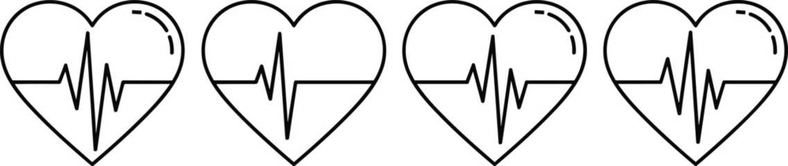 Set of Medical Heartbeat Pulse Line Icons in Heart Shapes for Cardiology Health Care Diagnostic Hospital Equipment Fitness Tracking and Wellness Life 