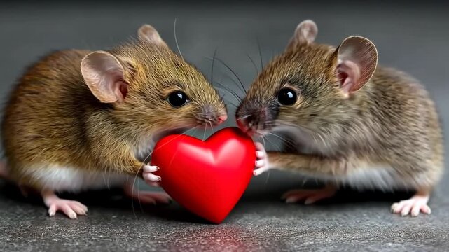 Two mice share a small red heart on a dark surface during a playful moment captured indoors in various lighting