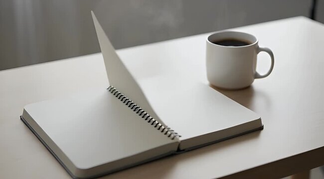 Minimalist workspace featuring an open notebook and a mug of coffee