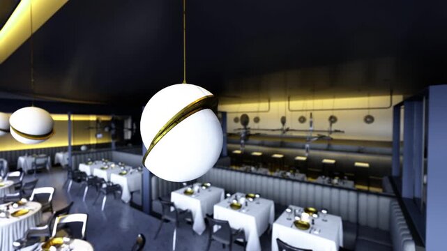 Long perspective capturing grand private dining room with rows of globe pendants suspended above tables white linens intimate booths gold accents fine tableware