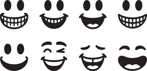 Nine Different Black and White Emoji Faces Expressing Various Emotions smile
