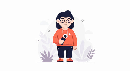 Friendly cartoon character with glasses holding a microphone, wearing an orange shirt and dark pants