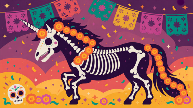Colorful day of the dead unicorn skeleton with marigold garland and papier mch banner decoration
