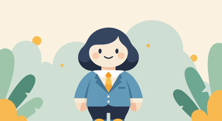 Obraz premium A charming cartoon woman in a blue suit and yellow tie stands amidst soft, stylized green foliage and yellow circles
