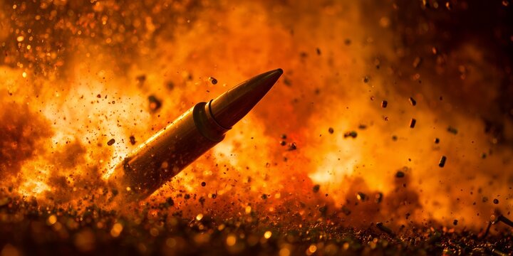 Dramatic close-up of a high-velocity ammunition bullet surrounded by intense orange flames and flying debris, concept for action film promotion, conflict reportage and defense technology